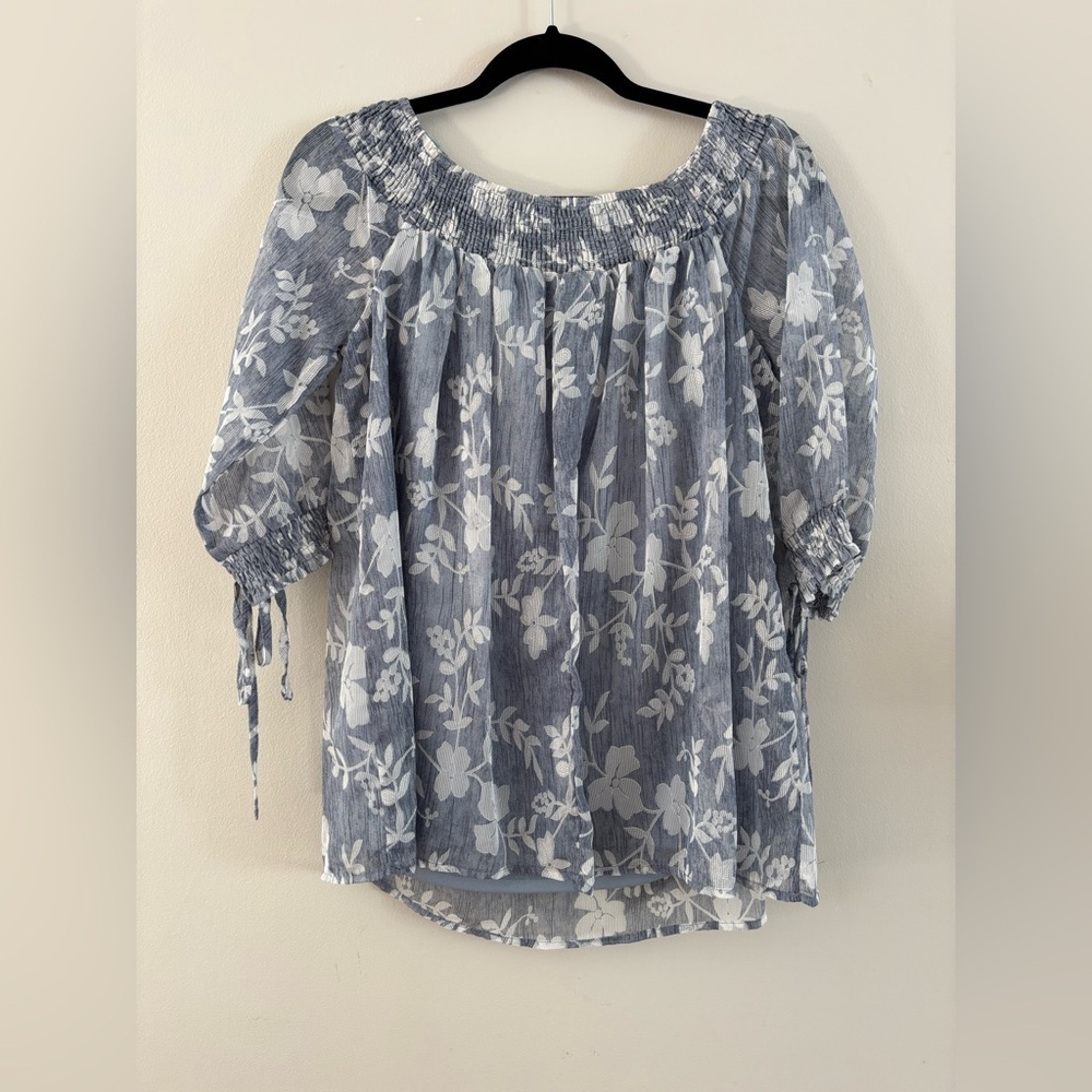 Blue and White Floral Blouse | Size Small | Boho Sheer - Picture 2 of 6